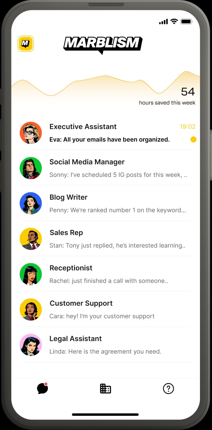 Marblism's mobile app showing the AI team with an hours-saved counter and each named employee, as taken from Marblism