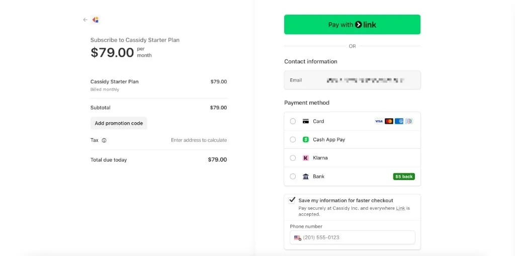 Stripe checkout page reading Subscribe to Cassidy Starter Plan, $79.00 per month, billed monthly, as taken from Cassidy docs
