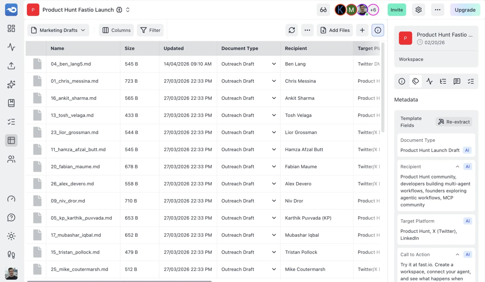 A Fast.io Metadata View showing AI-extracted document type and recipient columns, with a re-extract control in the side panel, as taken from Fast.io