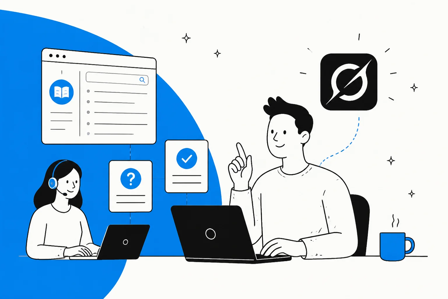 Illustration of a bot editing a customer support knowledge base and help center