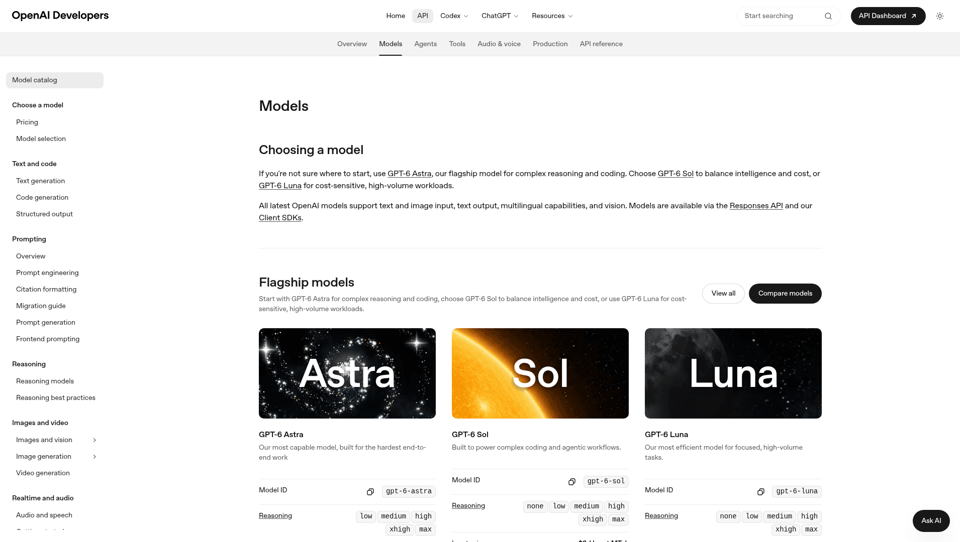 OpenAI's model catalog showing GPT-6 Astra, Sol, and Luna, as taken from OpenAI