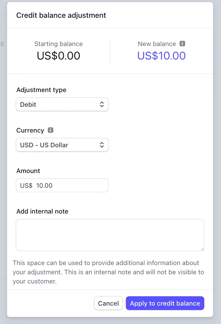 Stripe credit balance adjustment dialog showing starting balance US$0.00, new balance US$10.00, adjustment type, currency and amount fields, and an internal note box that is not visible to the customer, as taken from Stripe