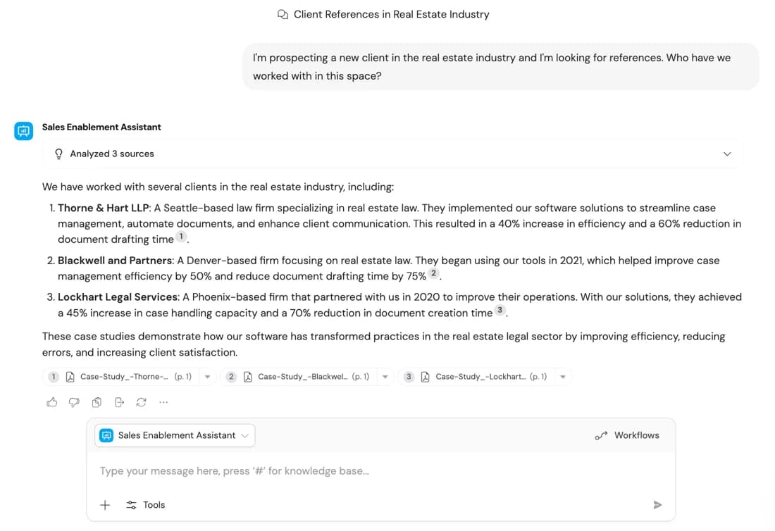 A Cassidy Sales Enablement Assistant answering a client-reference question, showing "Analyzed 3 sources" and numbered citation chips linking back to the source case-study PDFs, as taken from Cassidy's docs