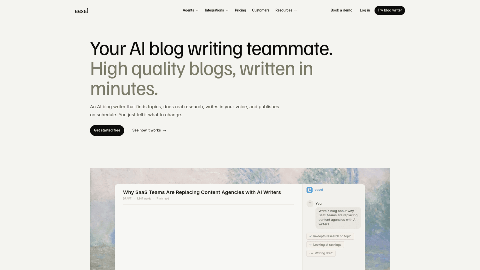 The eesel AI blog writer landing page