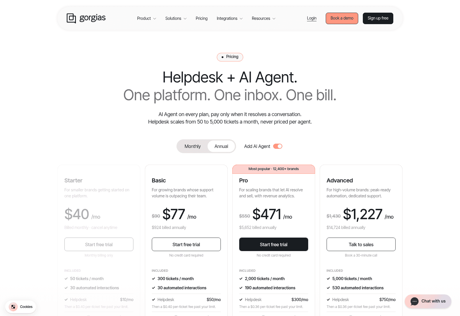 The Gorgias pricing page showing Starter, Basic, Pro and Advanced plans with helpdesk and AI Agent split out, as taken from Gorgias