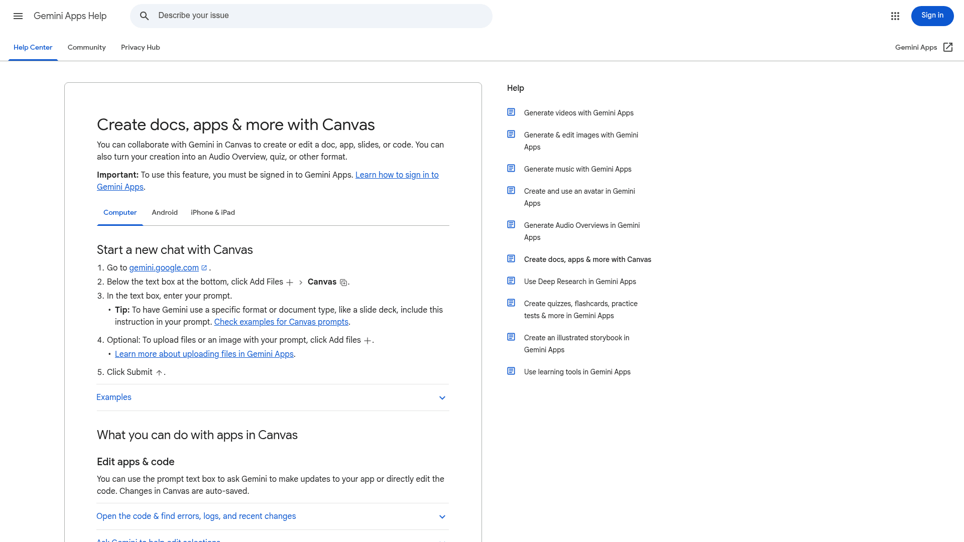 Google's Gemini Apps help article on creating docs, apps, and more with Canvas, showing the steps to start a Canvas chat, as taken from Gemini Apps Help