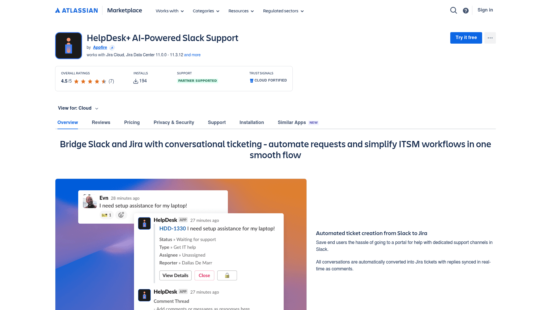 HelpDesk+ Marketplace listing showing a Slack message turning into a Jira ticket with status, type and assignee