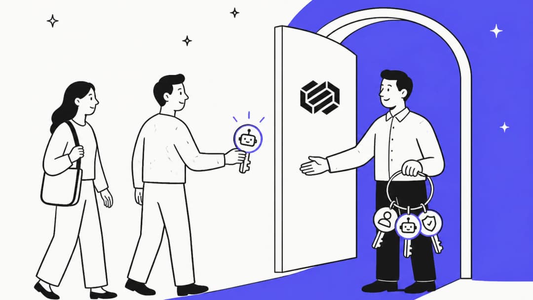 Hand-drawn illustration of customers handing an AI agent key to a support rep at a door marked with the Decagon logo, holding a ring of permission keys