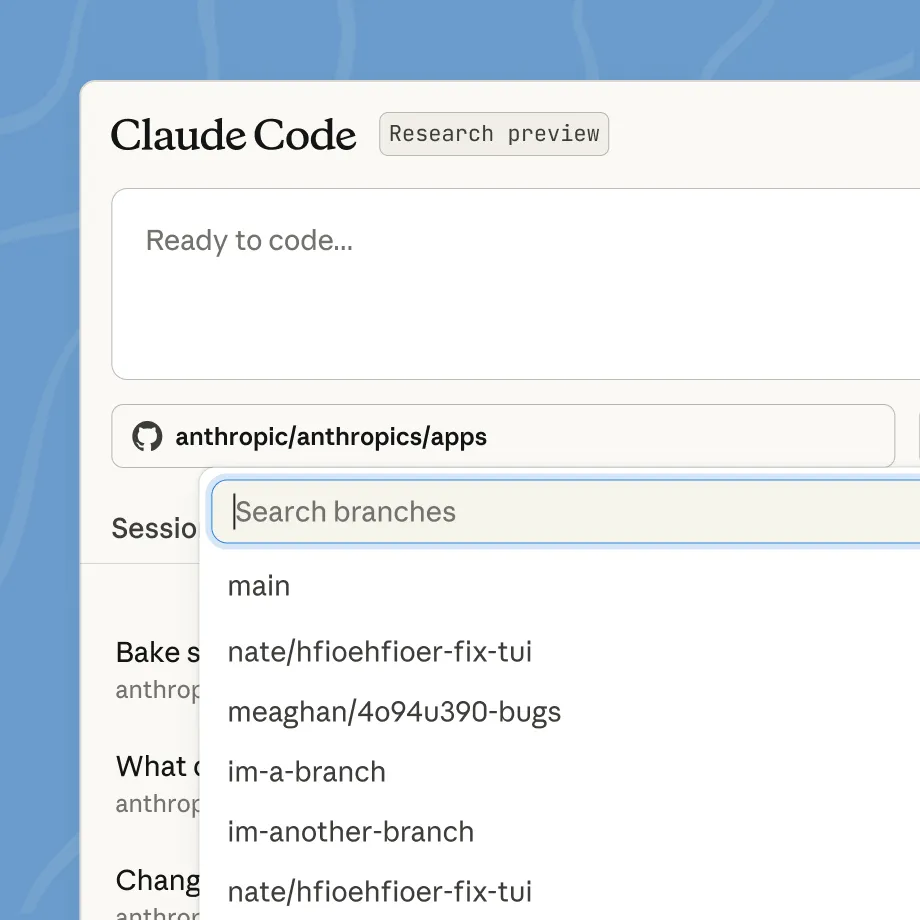Claude Code on the web, showing a GitHub repo and branch picker with a session list
