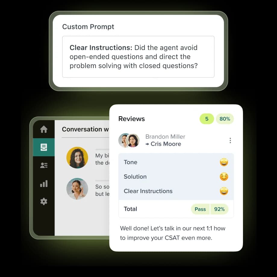 Zendesk QA AutoQA view scoring a conversation in categories like Tone and Solution alongside a custom prompt-based "Clear instructions" category, as taken from Zendesk's QA page