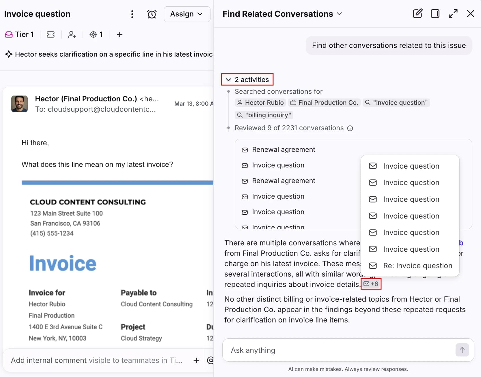 Front Copilot sidebar next to an invoice question, showing the searches it ran and "Reviewed 9 of 2231 conversations" before listing related conversations, as taken from Front's help center