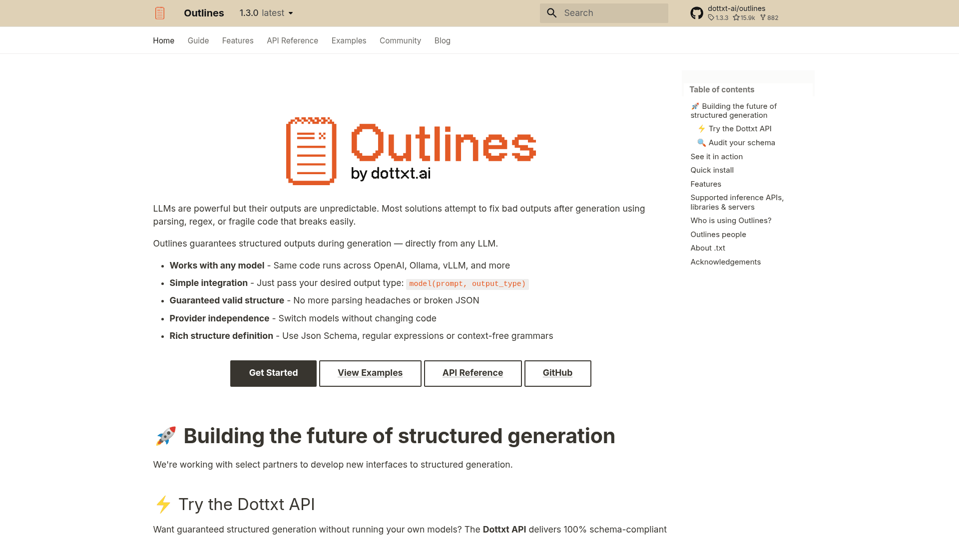 Outlines by dottxt.ai homepage describing guaranteed structured outputs during generation, working with OpenAI, Ollama and vLLM