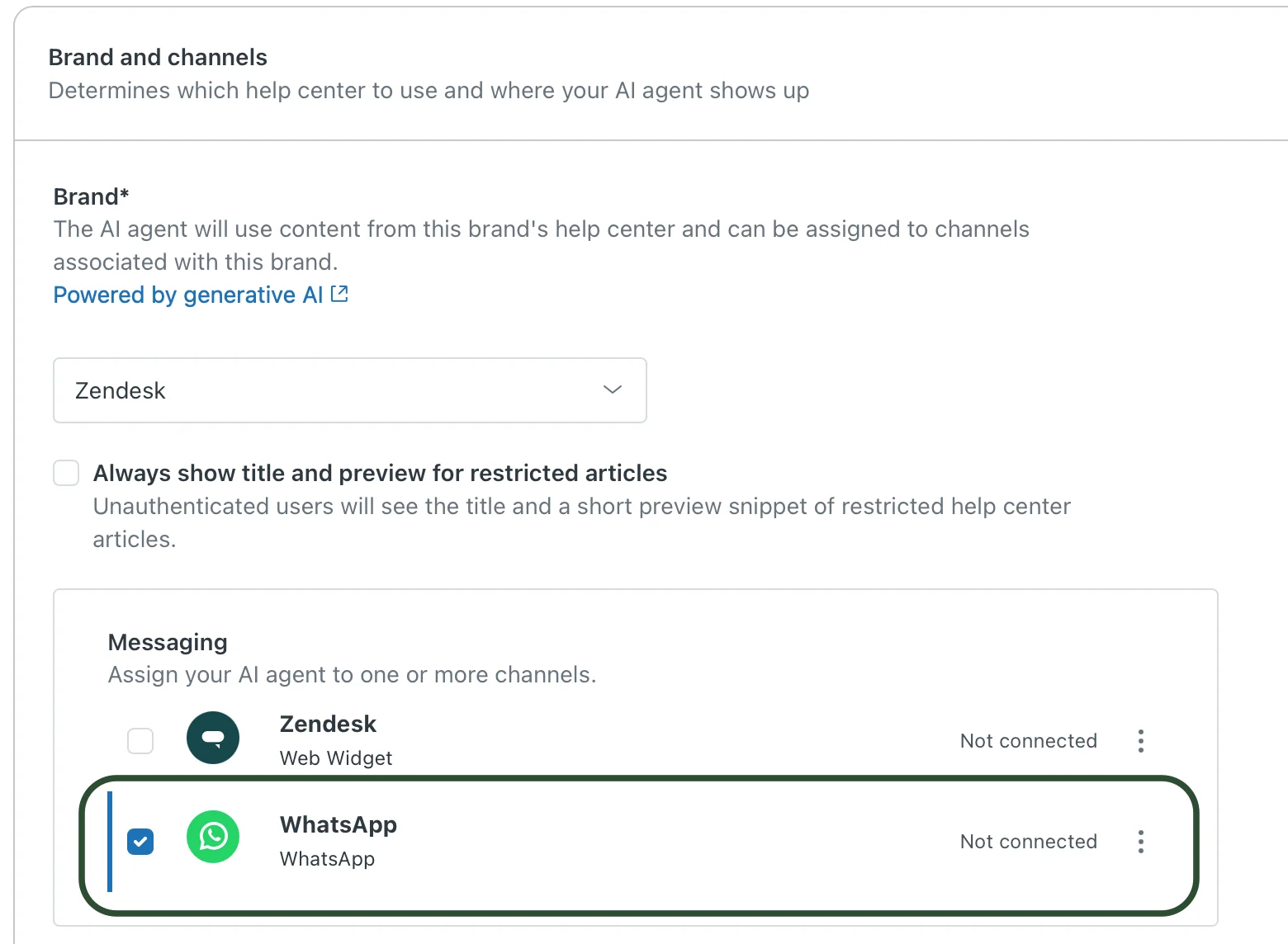 Zendesk AI agent Brand and channels settings with the WhatsApp messaging channel selected, as shown in Zendesk's help center