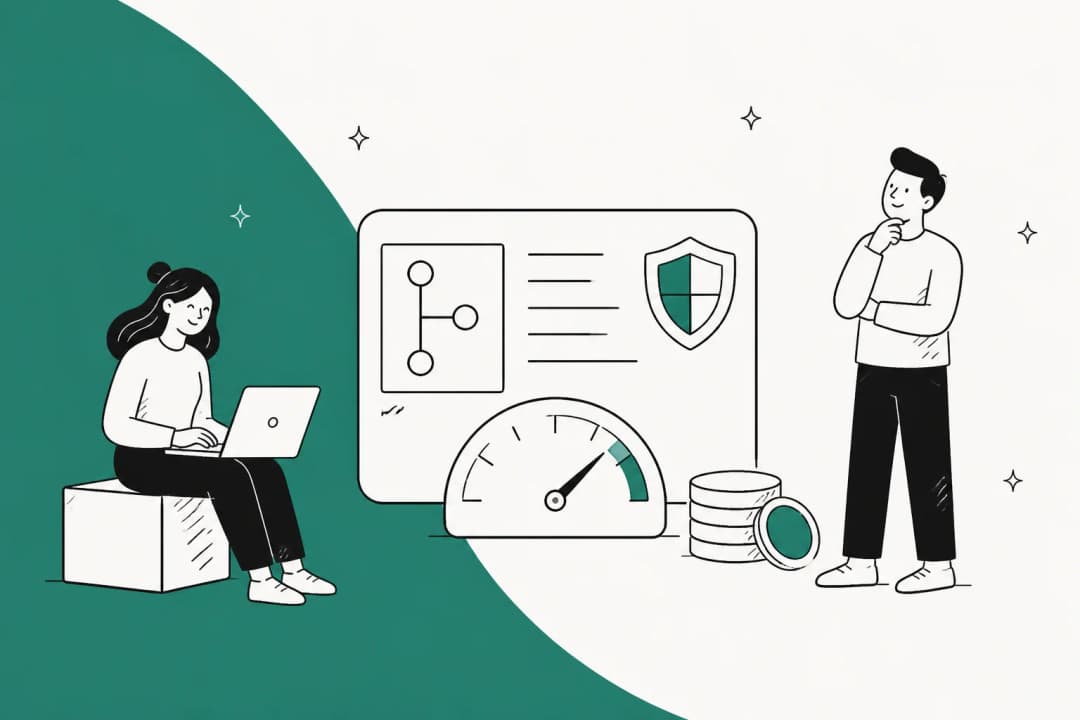 Hand-drawn illustration of a developer on a laptop and a colleague looking at a dashboard with a code repository, a security shield, a usage meter and a stack of credit coins