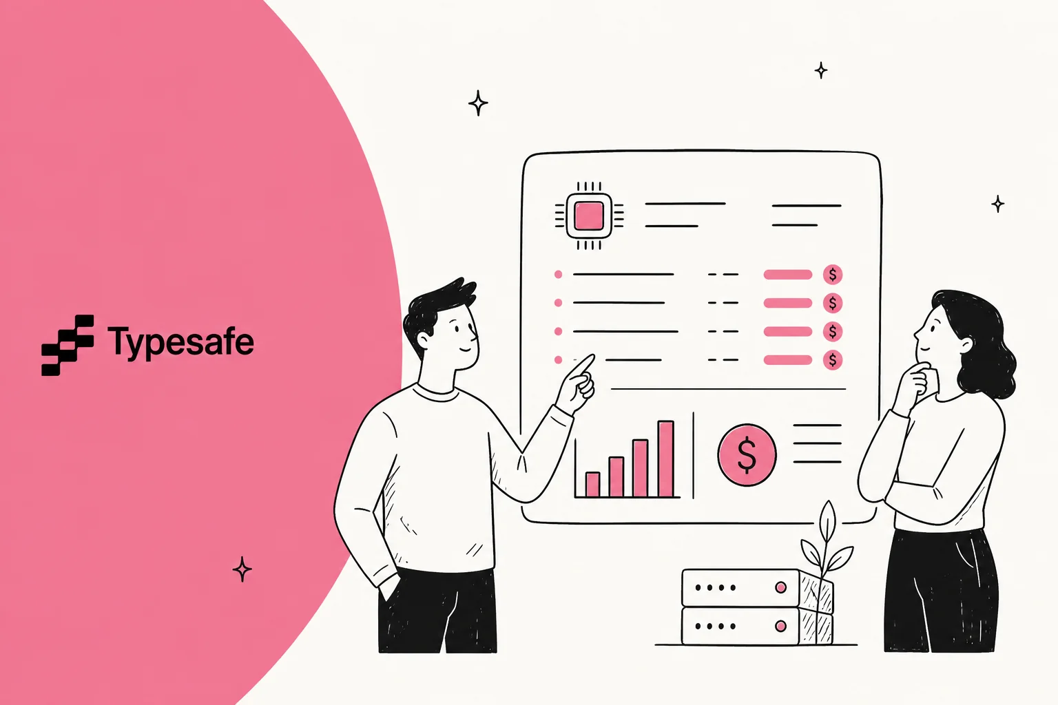 TypeSafe Jev pricing hero banner in rose and off-white, showing a low token cost per million