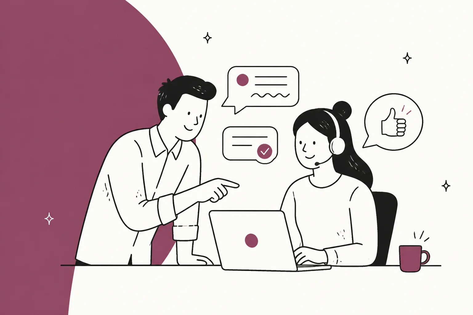 Hand-drawn illustration of a team lead pointing at a laptop while a support agent with a headset reviews a ticket, with note bubbles and a thumbs-up above them