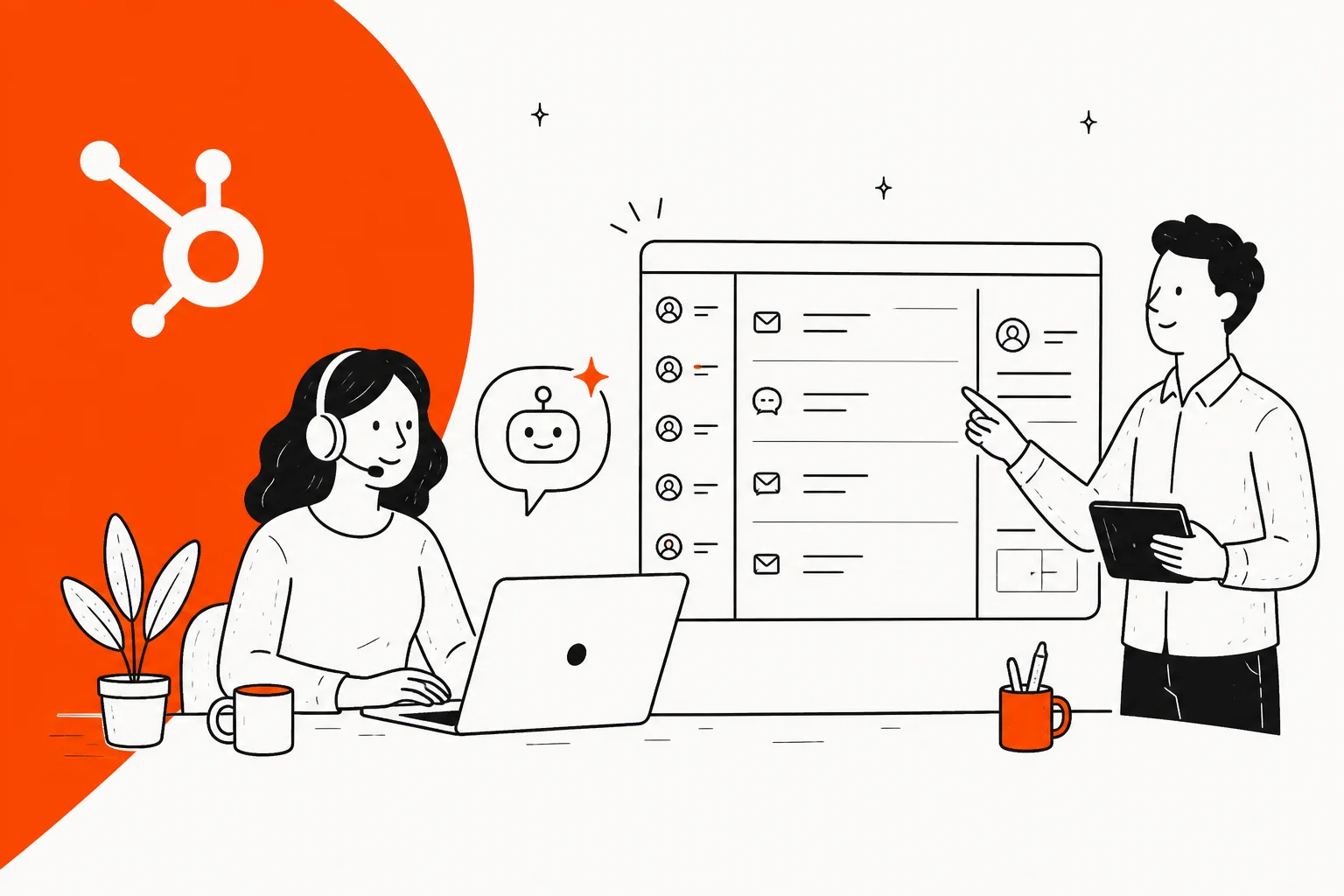 Illustration of a HubSpot Service Hub inbox with an AI agent reading and drafting replies