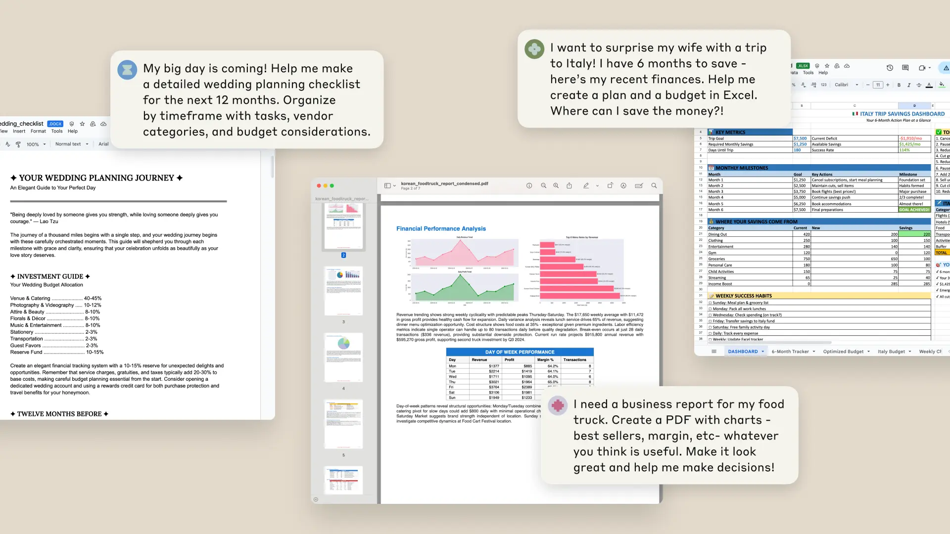 Three prompts and the resulting Word, Excel and PDF files Claude generated, as taken from Anthropic