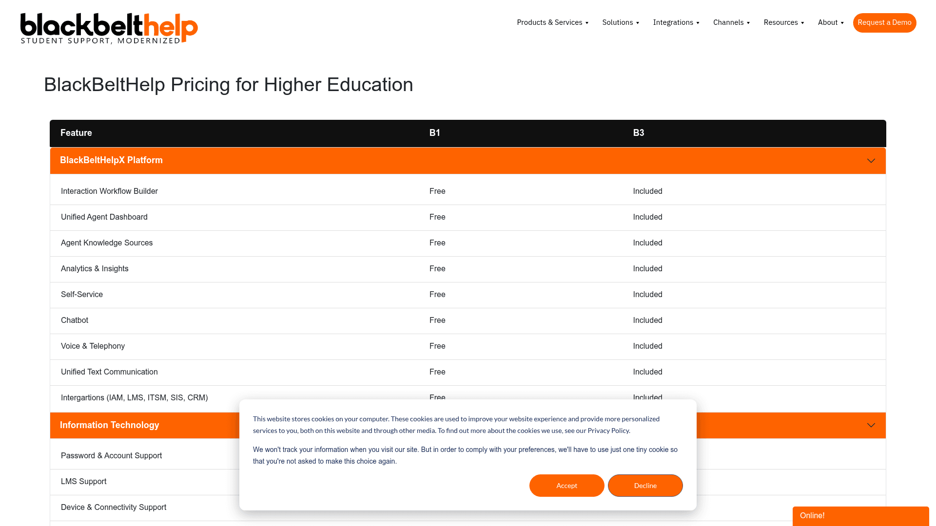 The BlackBeltHelp pricing page, a feature-inclusion matrix with B1 and B3 columns and no dollar figures, as taken from BlackBeltHelp