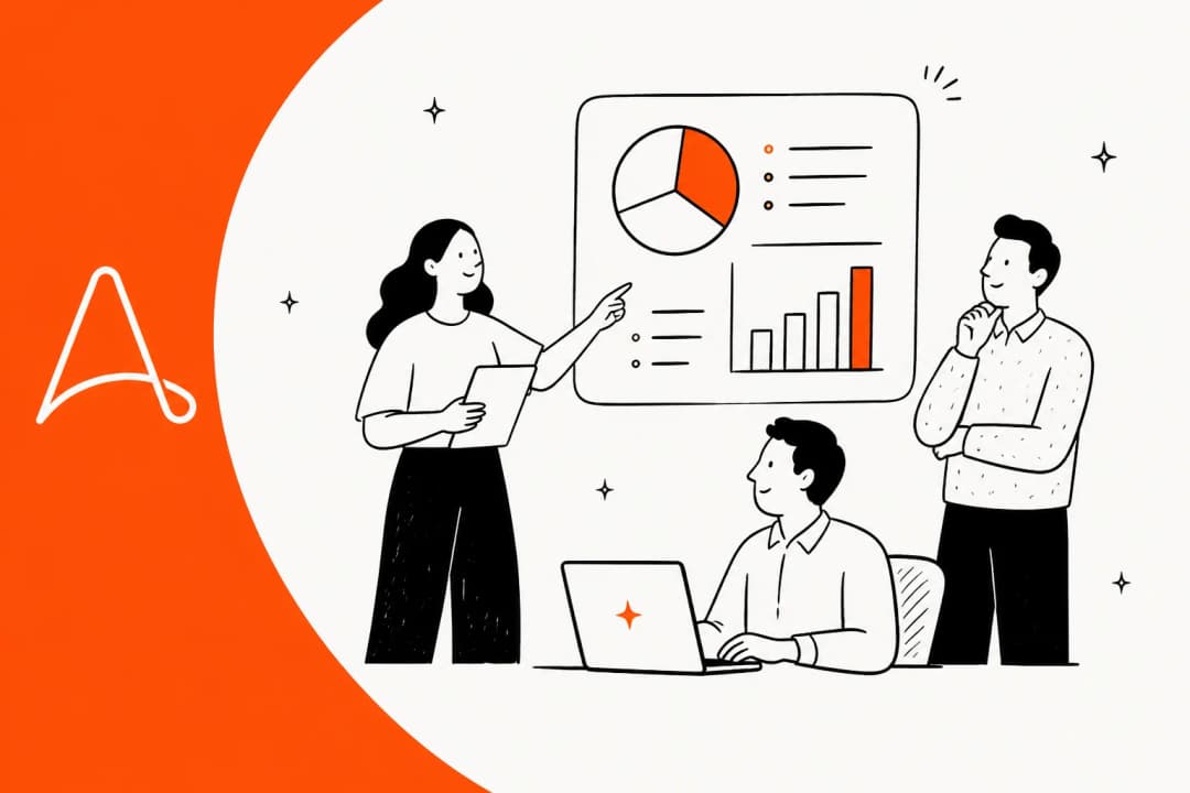 Hand-drawn illustration of a team reviewing pricing charts, in Automation Anywhere orange