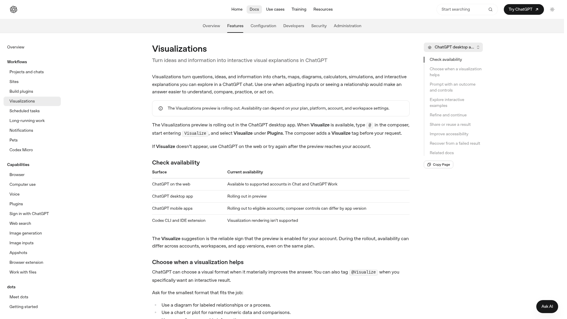 The Visualizations documentation page showing availability by surface, with web available and the desktop app rolling out in preview, as taken from learn.chatgpt.com