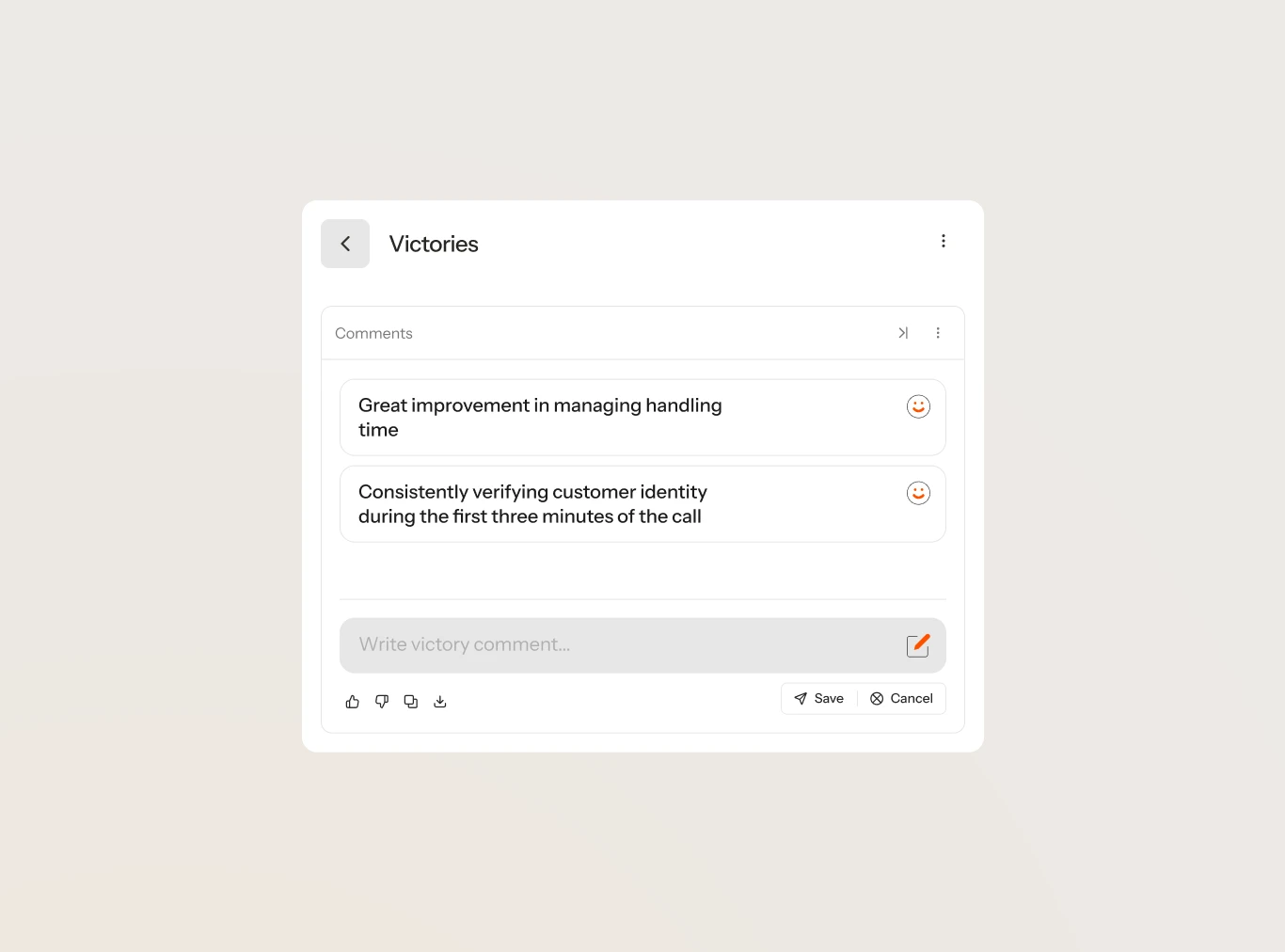 Level AI coaching feedback panel showing a comments thread praising call handling and identity verification, as taken from Level AI