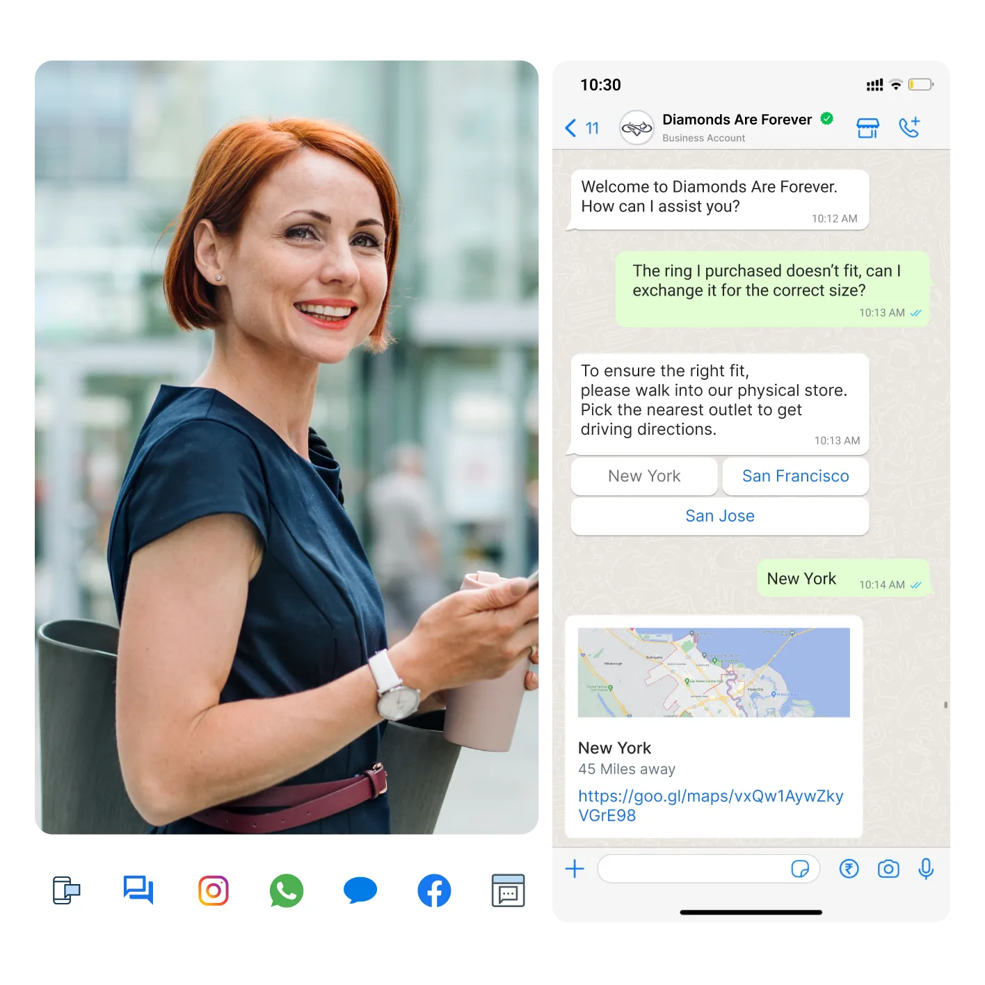 Freshchat AI chatbot answering customers across WhatsApp and web chat, as shown on Freshworks' live chat page