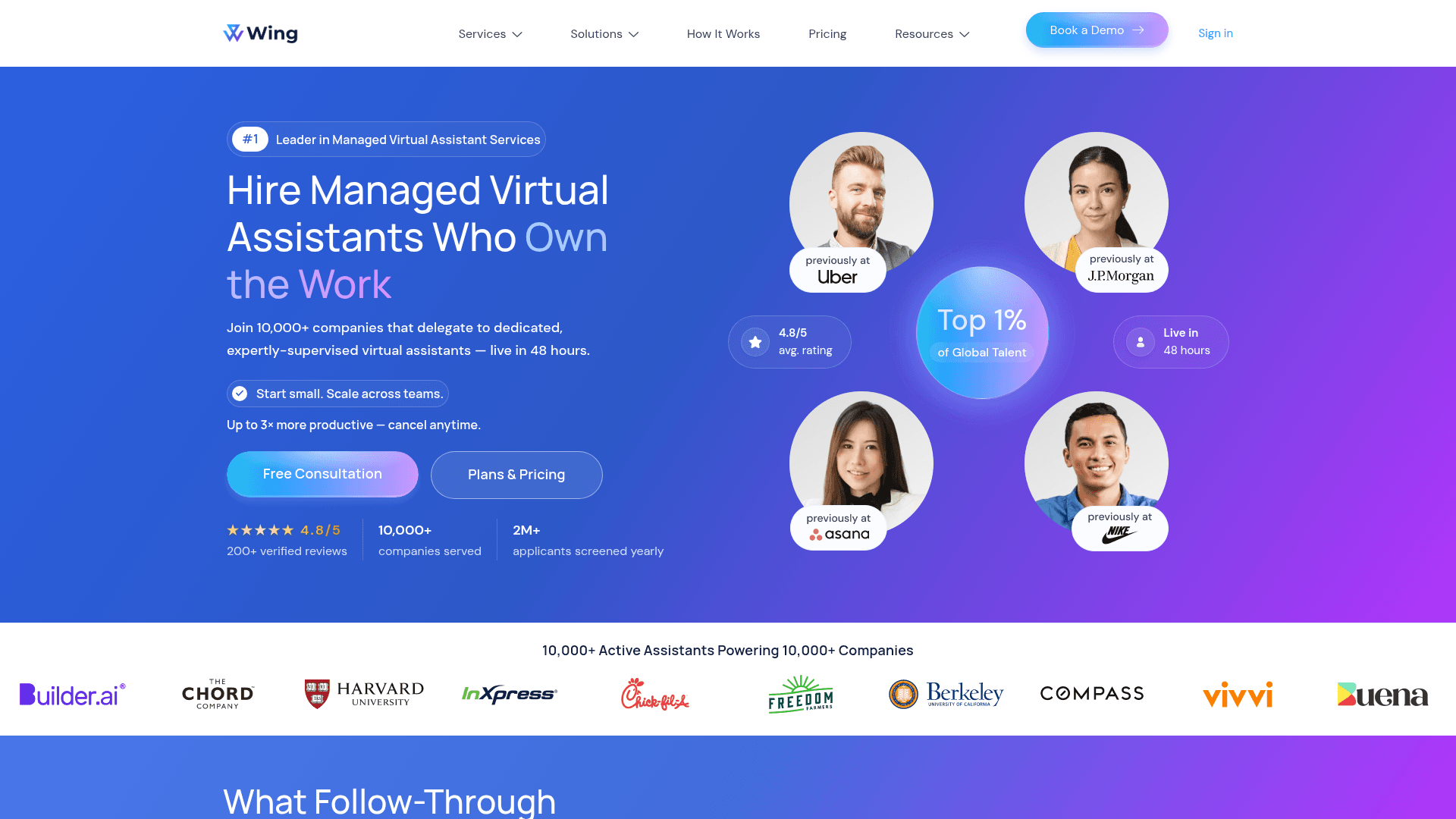 The Wing Assistant customer service page describing managed virtual assistants, as taken from Wing Assistant