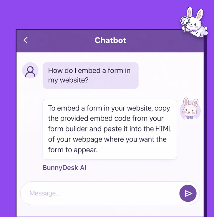 BunnyDesk's Ask AI chat widget answering a question about embedding a form, as taken from BunnyDesk