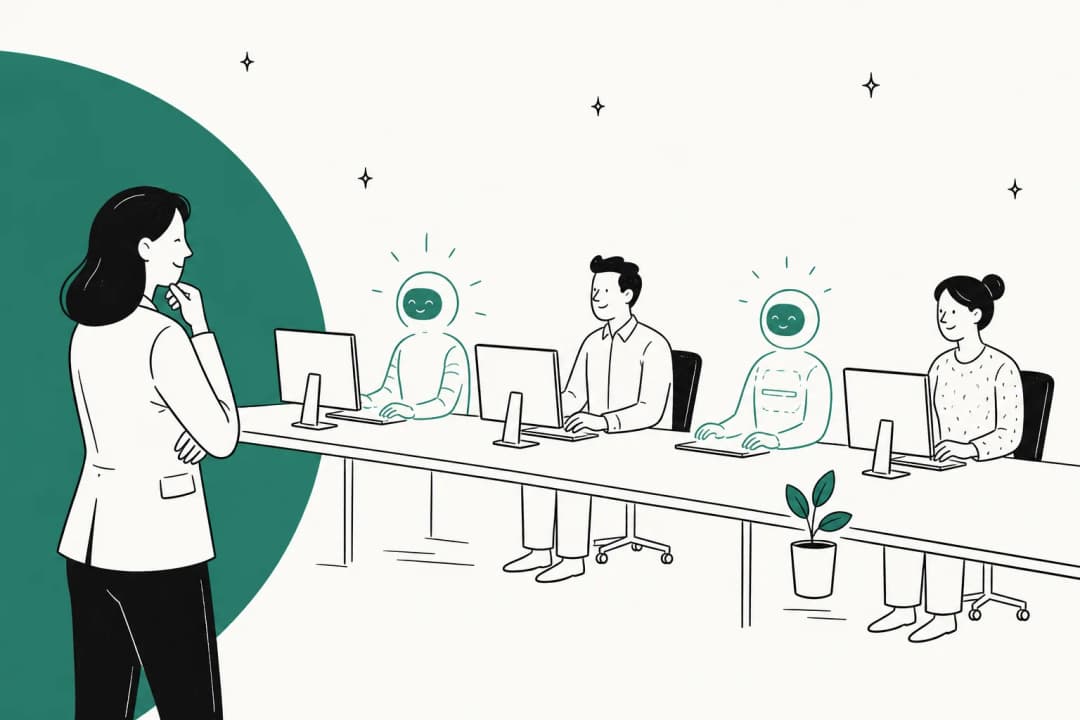 Ein Büro mit Schreibtischen, an denen manche Arbeitsplätze von Software-Agenten und andere von Menschen besetzt sind – eine Illustration der Entscheidung zwischen KI-Mitarbeitern