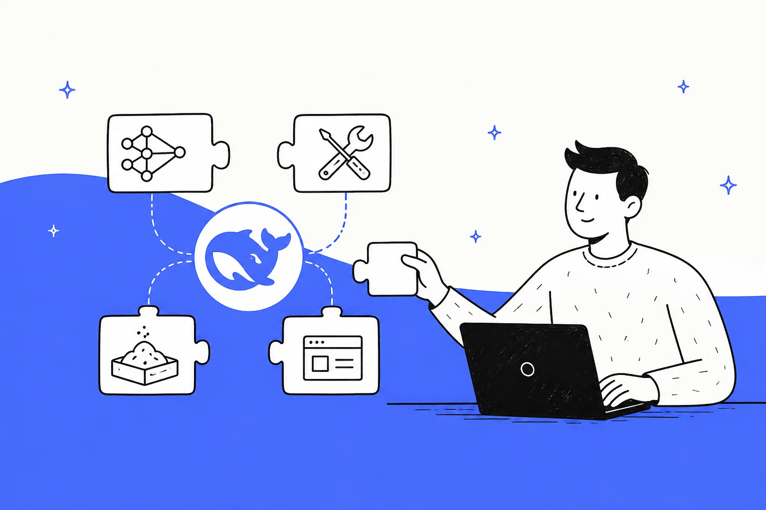 Hand-drawn banner of a developer at a laptop snapping puzzle-piece plugins for model, tools, sandbox and interface around the DeepSeek whale logo
