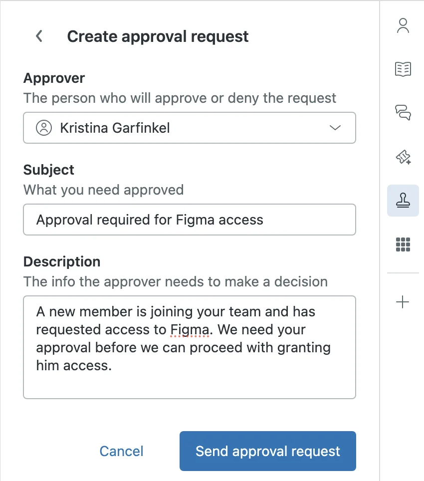 Zendesk Create approval request panel with approver, subject and description fields and a Send approval request button, as taken from Zendesk