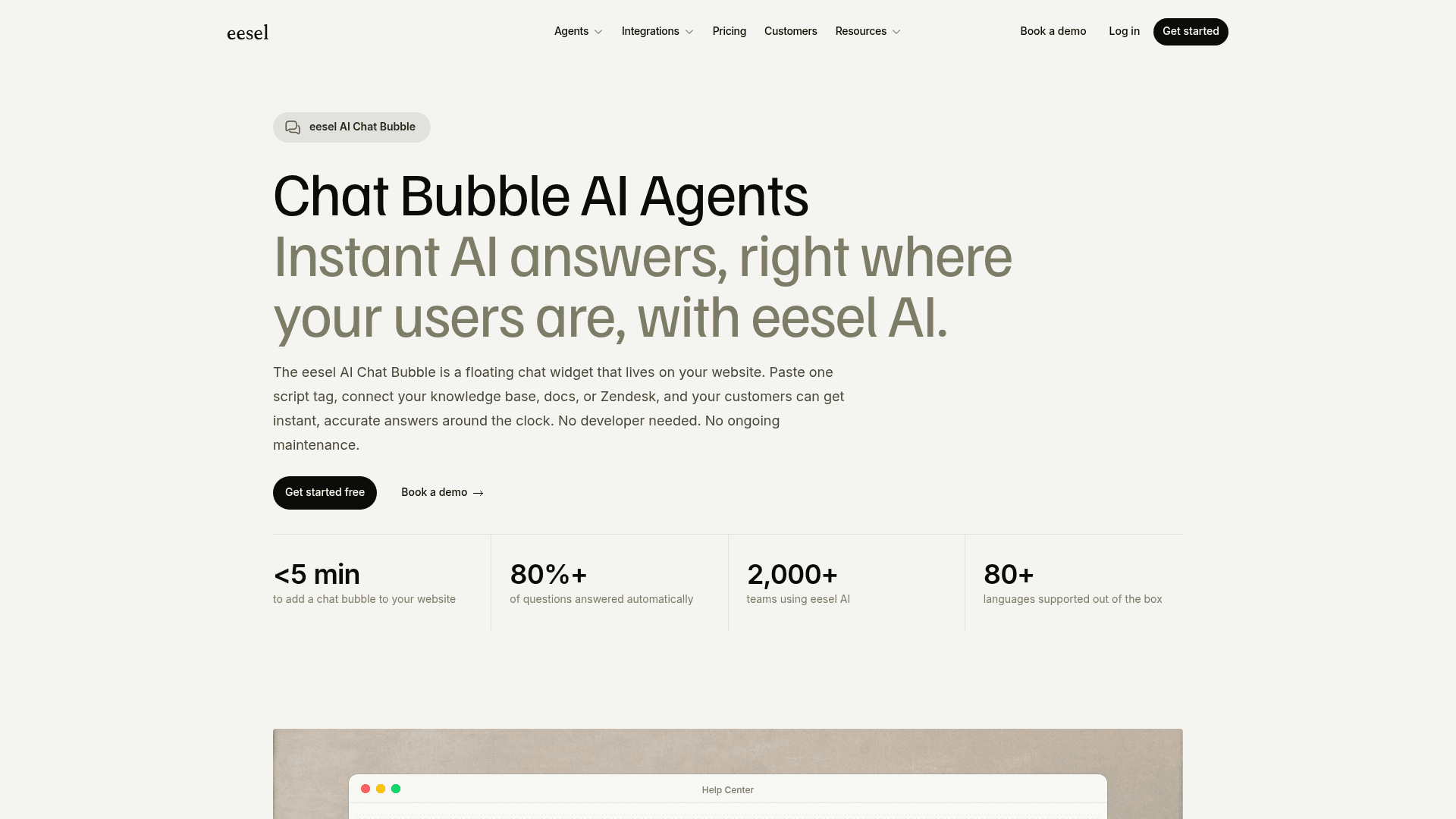 eesel Chat Bubble page describing a floating chat widget you add to your website with one script tag, connected to your knowledge base, docs or Zendesk, captured from eesel