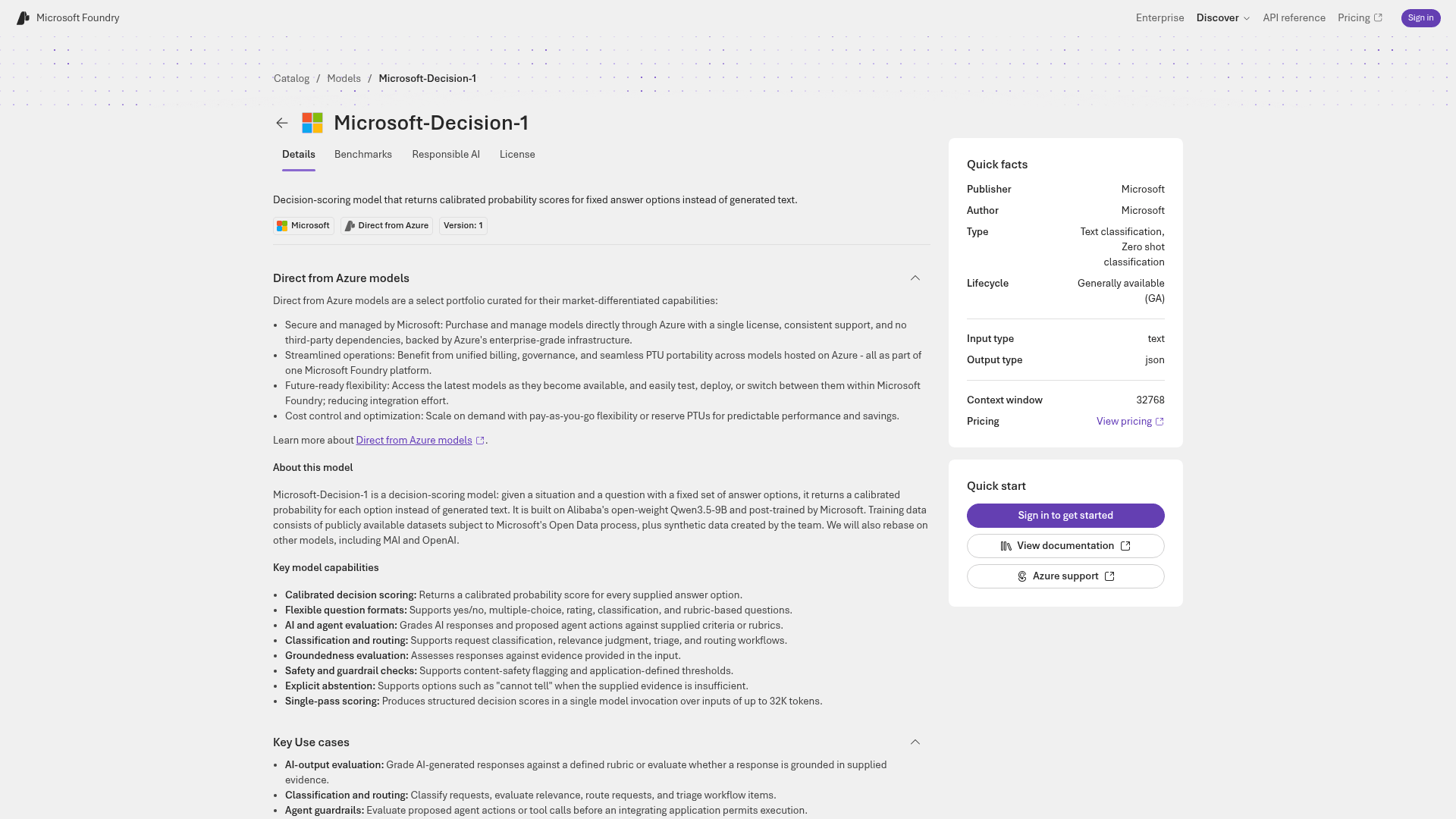 Microsoft Foundry catalog page for Microsoft-Decision-1 showing the GA lifecycle, json output and a 32768 context window, as taken from Microsoft Foundry