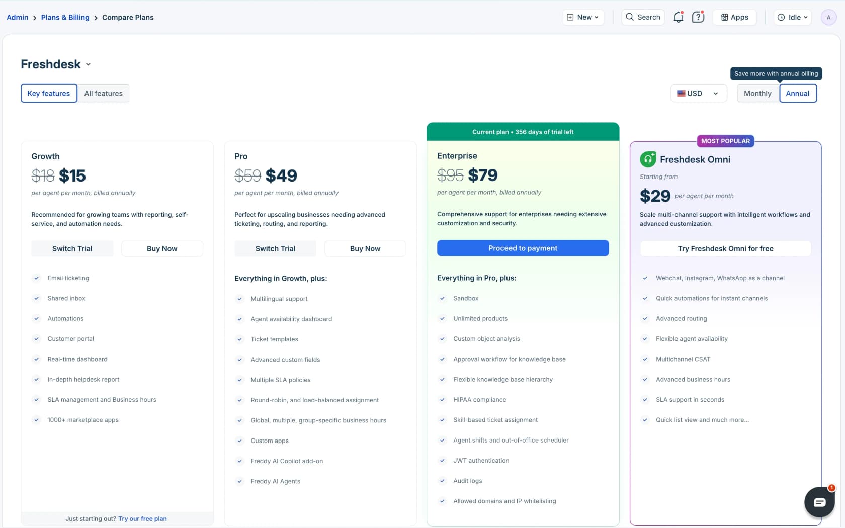 Freshdesk in-product compare plans screen showing Growth, Pro, and Enterprise tiers alongside the Freshdesk Omni upgrade card, as taken from Freshdesk support