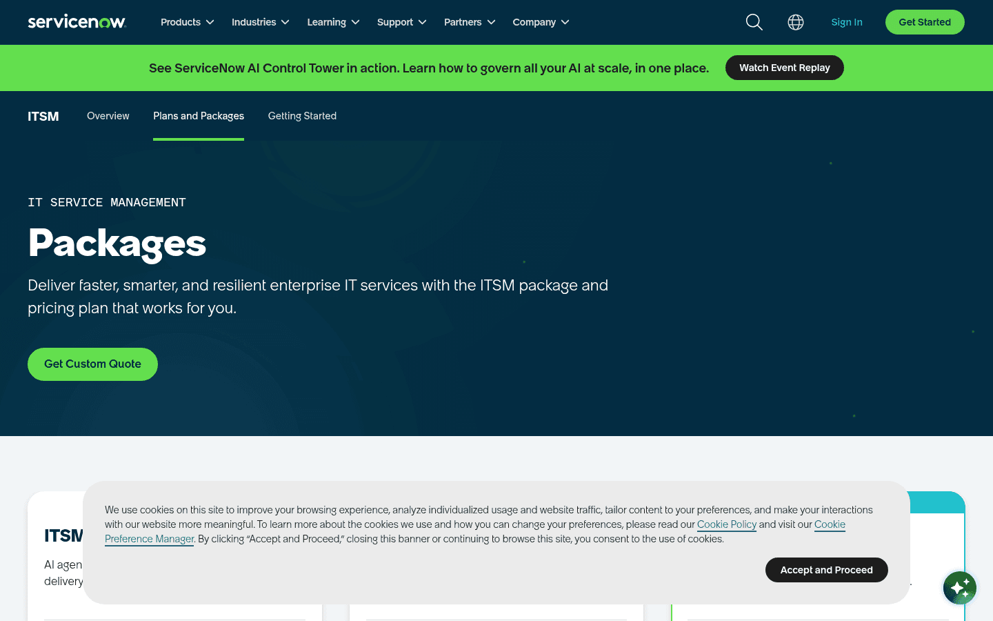 The ServiceNow ITSM pricing page listing Foundation, Advanced, and Prime, with every tier showing only "Get Custom Quote," as taken from ServiceNow