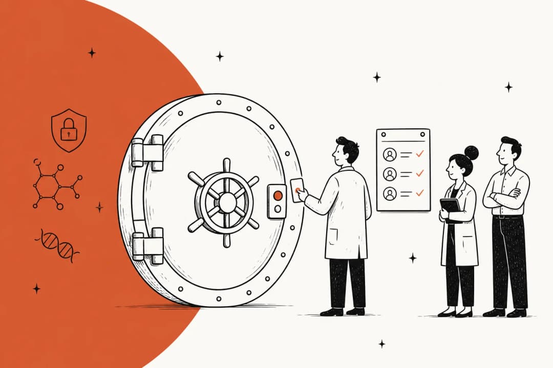 An illustration of a vault door being opened by a small approved list of researchers, representing invite-only access to Claude Mythos 5.1