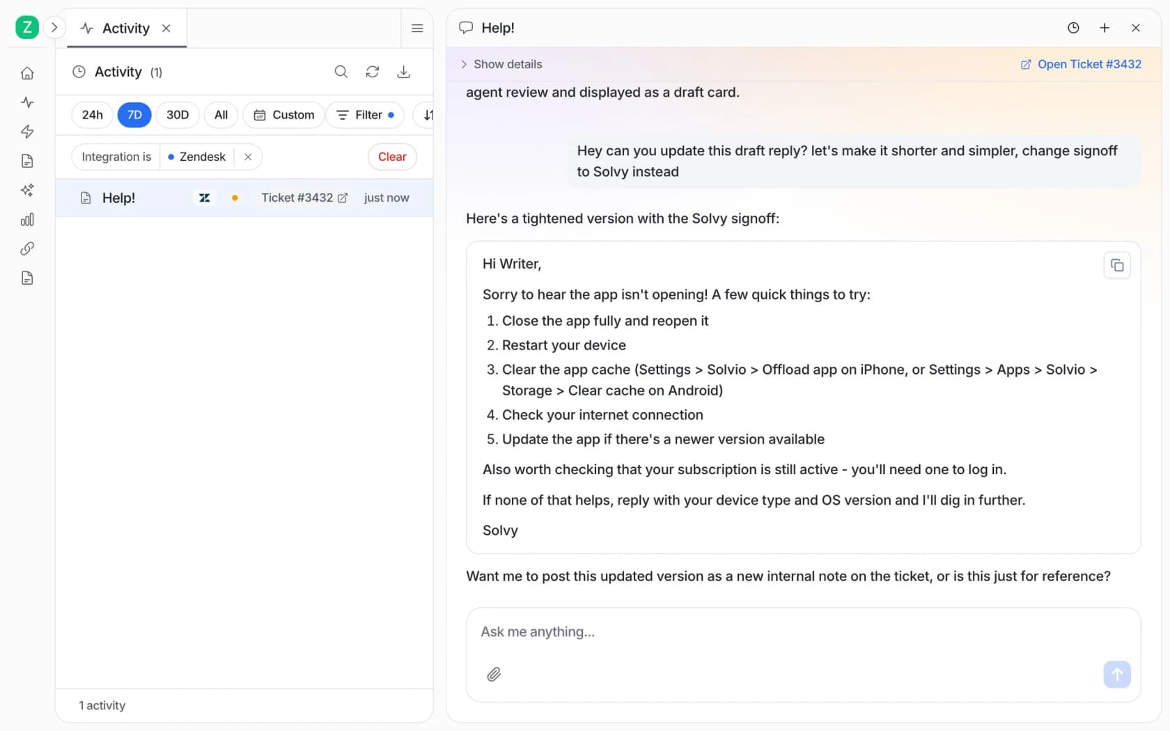 eesel Activity run with a draft reply and a chat where the admin asks for a shorter, simpler version and the agent updates its draft, from eesel's docs
