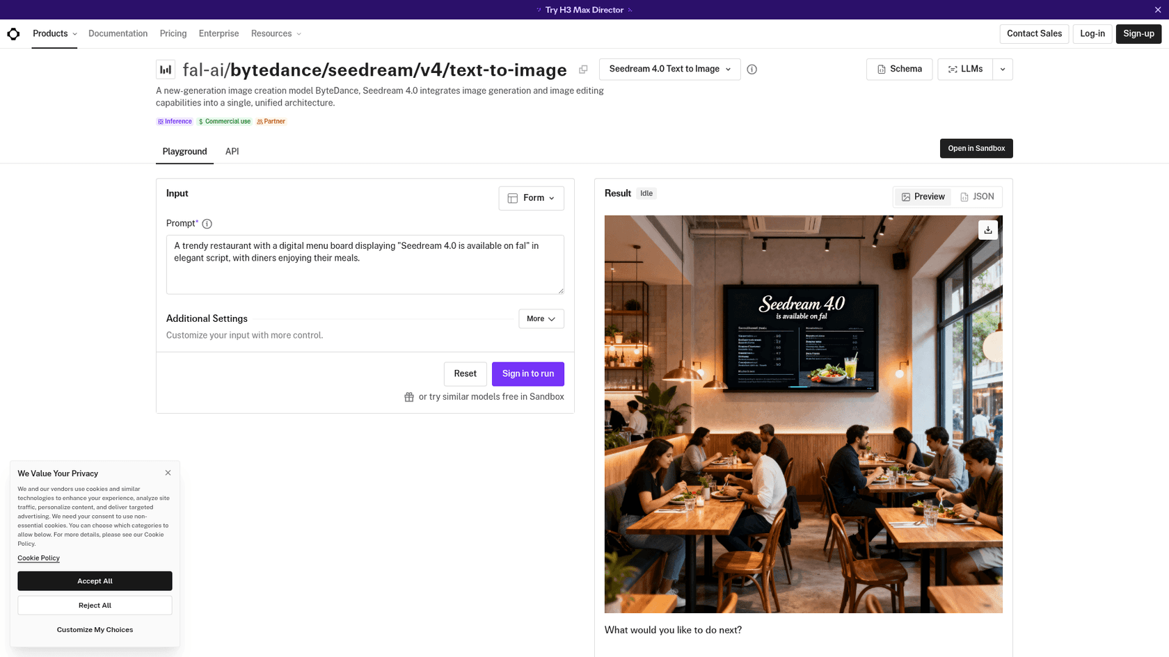 The ByteDance Seedream text-to-image playground on fal.ai, one way western developers reach the model