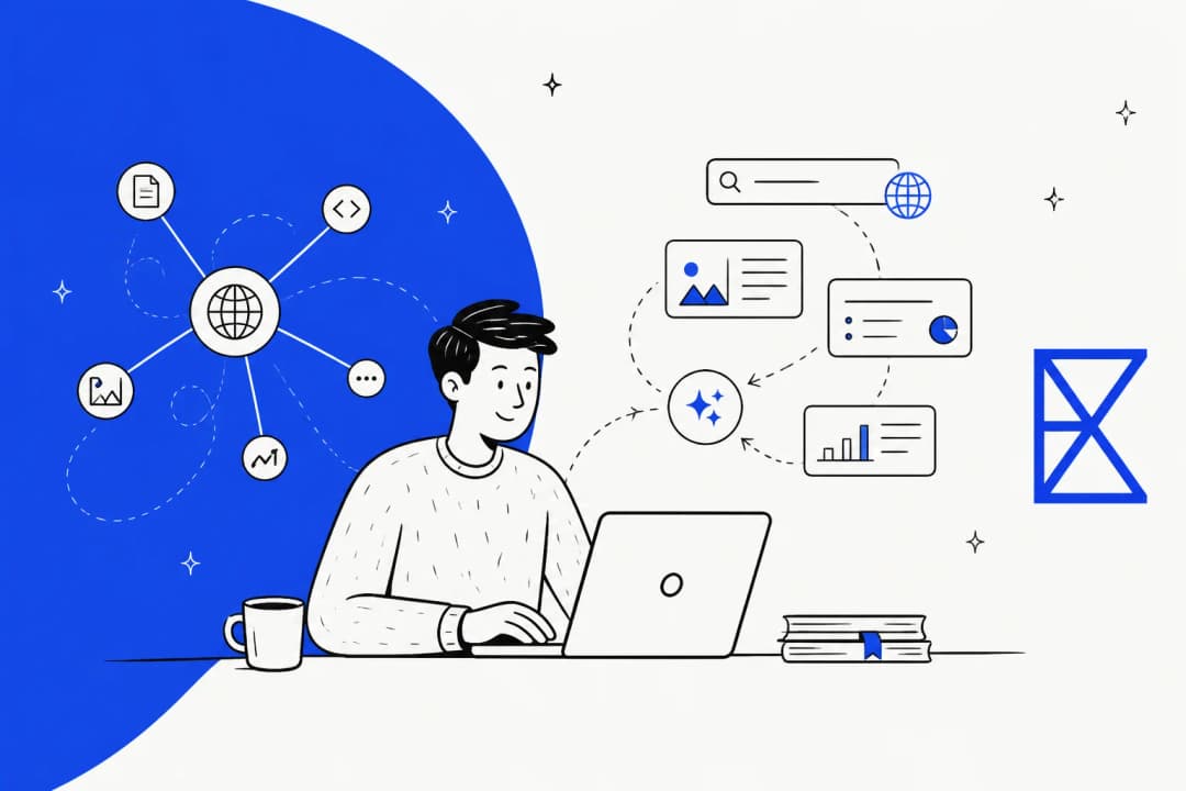 Hand-drawn illustration of a developer at a laptop with Exa search results and structured data fanning out
