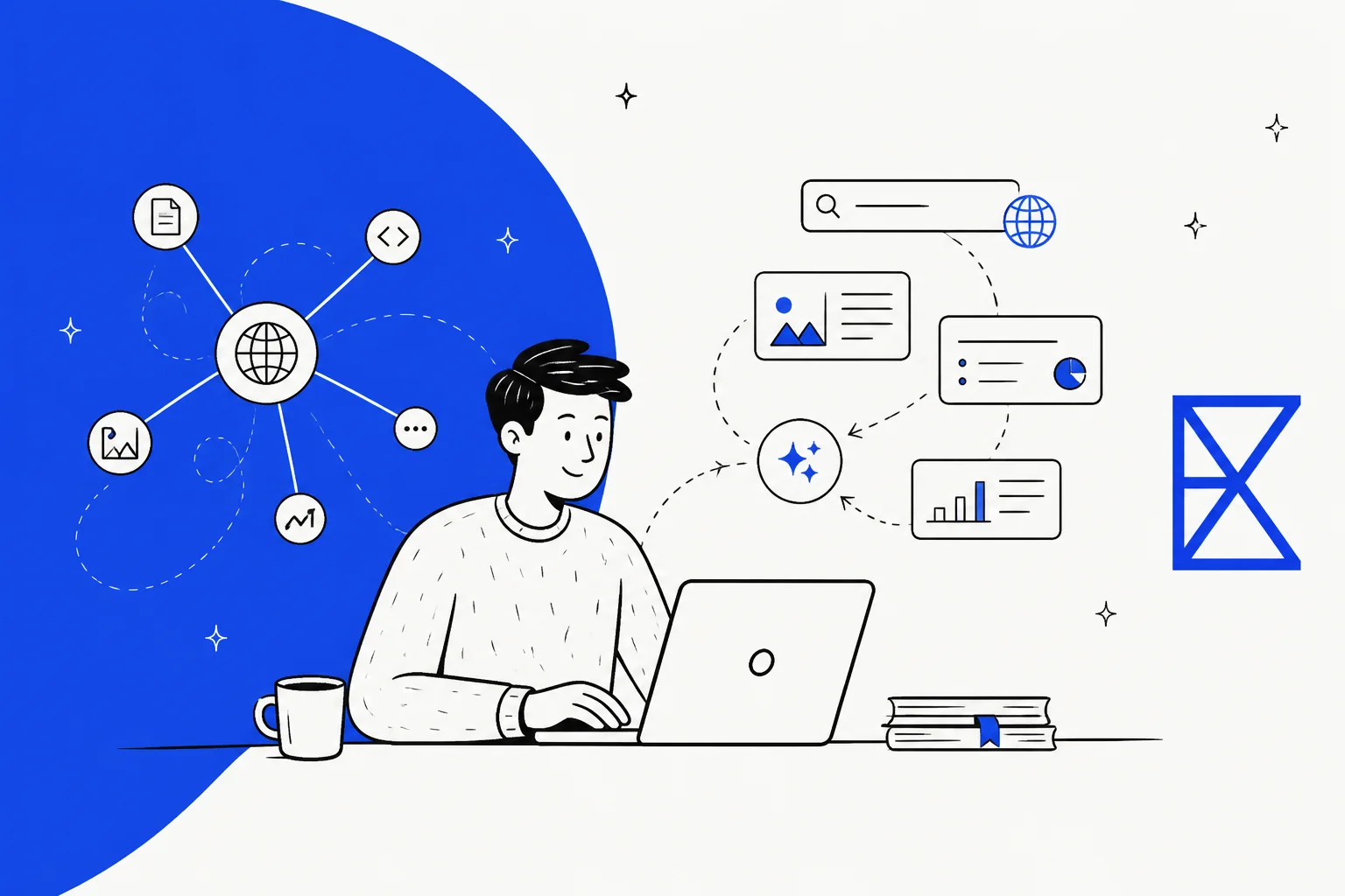 Hand-drawn illustration of a developer at a laptop with Exa search results and structured data fanning out