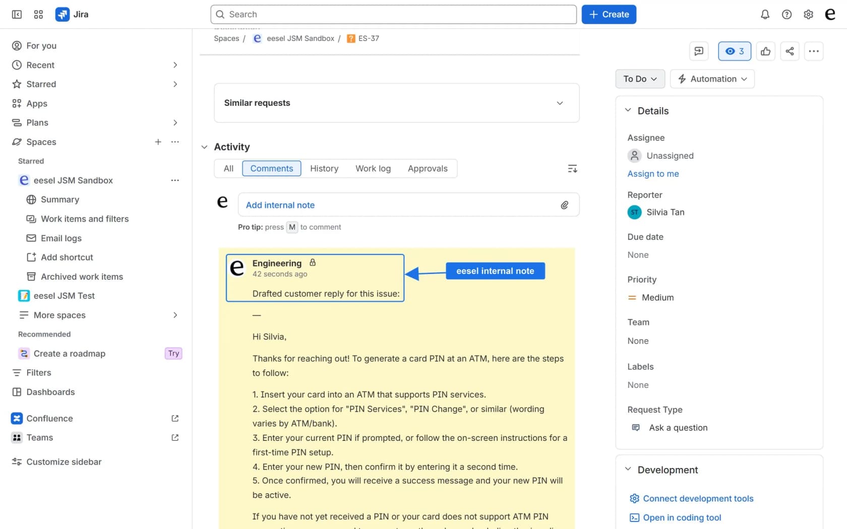 A Jira Service Management request in a sandbox project, with eesel's drafted customer reply sitting as an internal note for a teammate to review and send, as shown in eesel's docs
