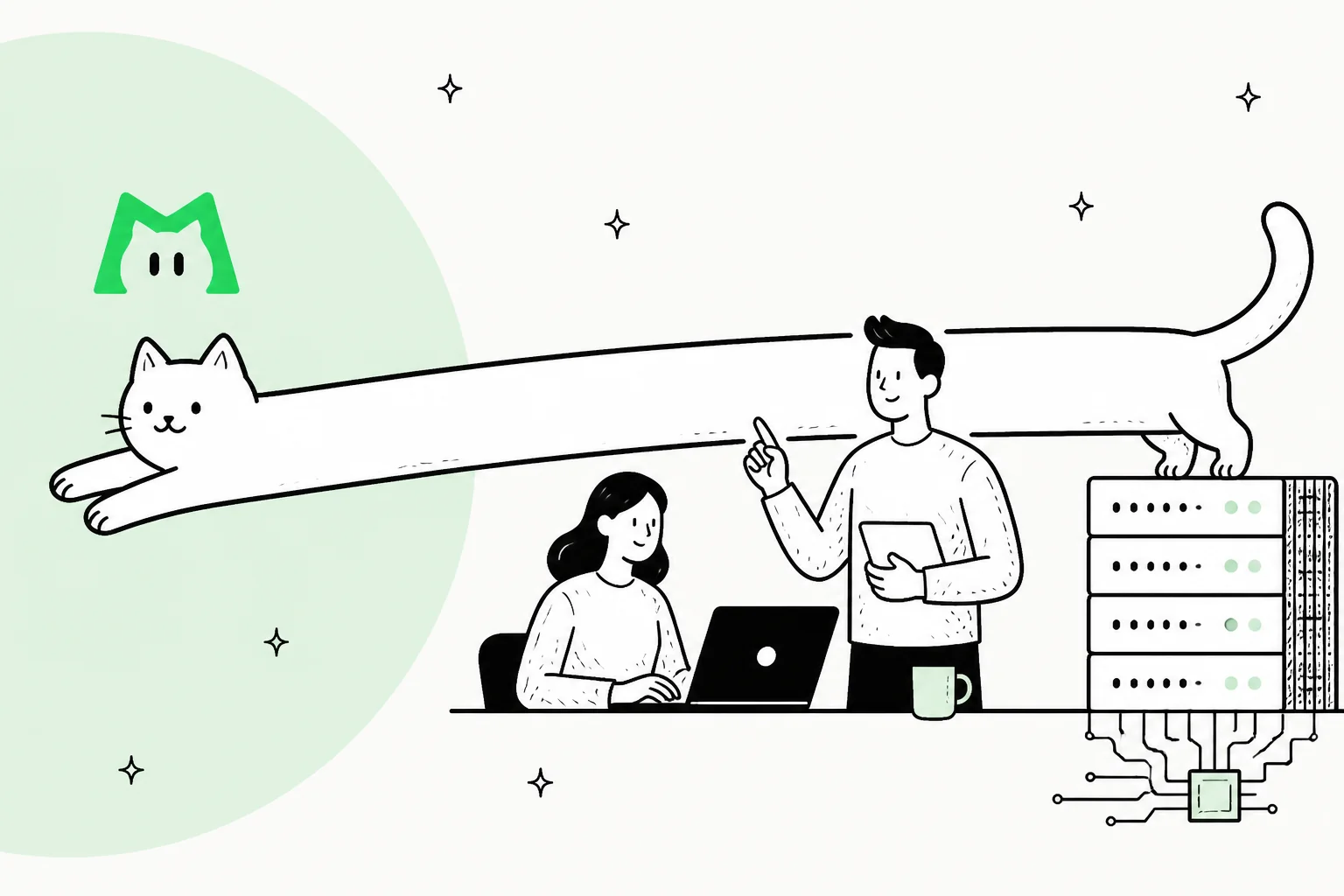 Illustration of a very long cat stretched across a desk beside a server rack, with the LongCat logo