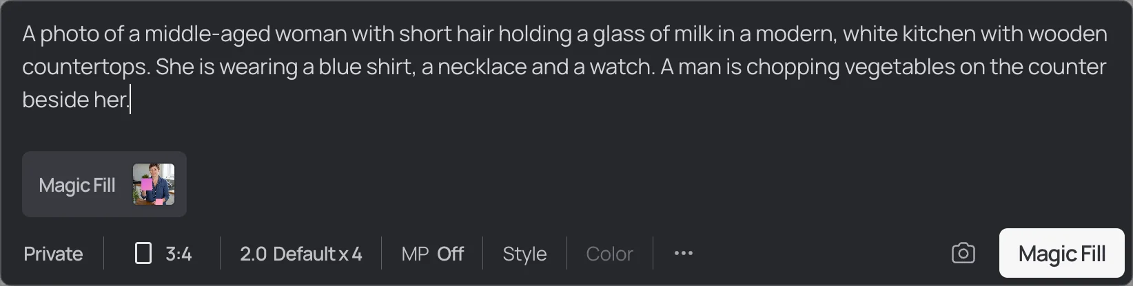 The Magic Fill prompt box with a prompt entered, beside aspect ratio, model and style controls, per the Magic Fill docs