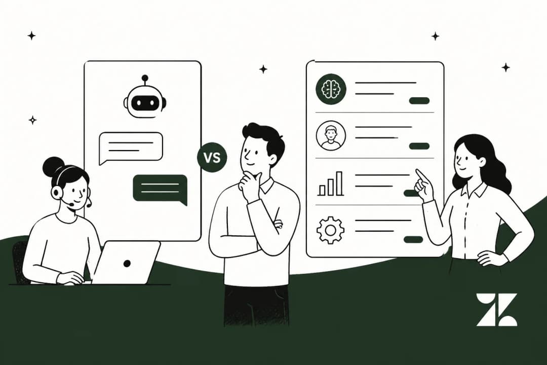 Illustration comparing Zendesk's native AI against a layered AI teammate on a support queue