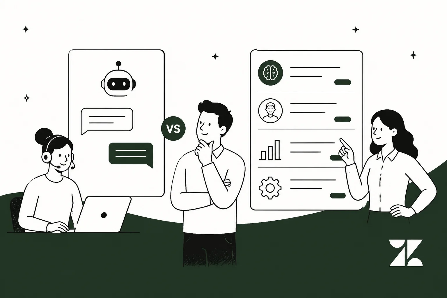 Illustration comparing Zendesk's native AI against a layered AI teammate on a support queue