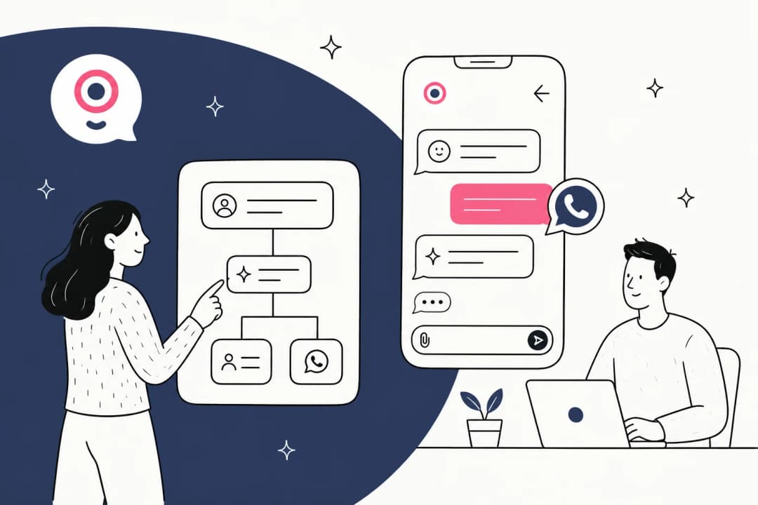 Hand-drawn illustration of a person building a branching Landbot chatbot flow next to a phone showing a WhatsApp conversation, with a support agent at a laptop