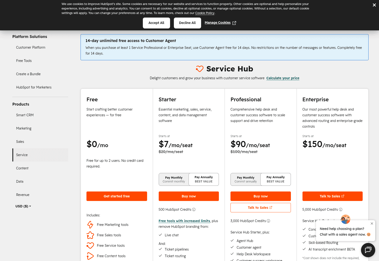 The HubSpot service software pricing page showing Service Hub tiers and credit-based agent pricing, as taken from HubSpot