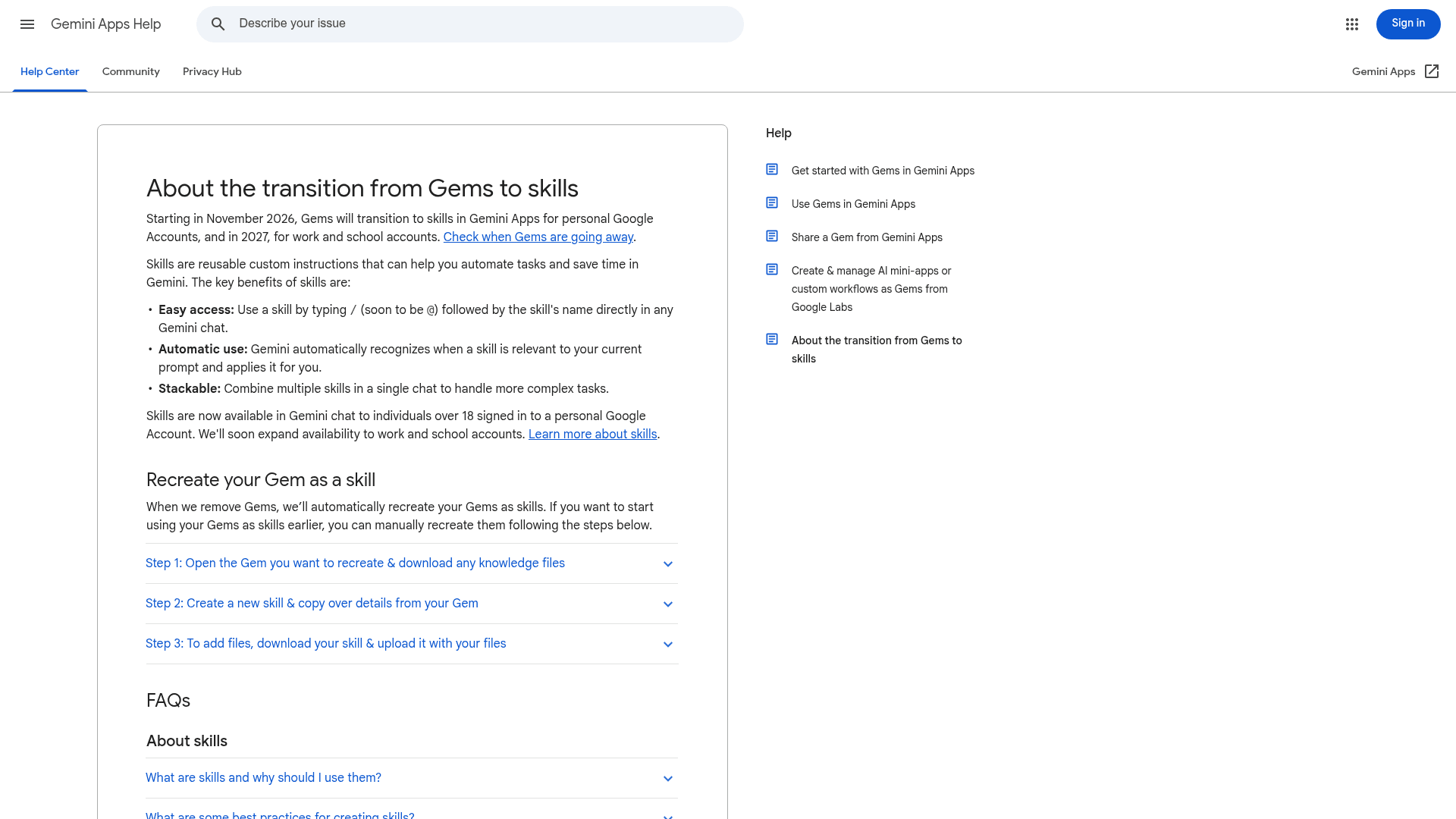 Google's help center article "About the transition from Gems to skills", showing the three-step guide to recreate a Gem as a skill, as taken from Gemini Apps Help