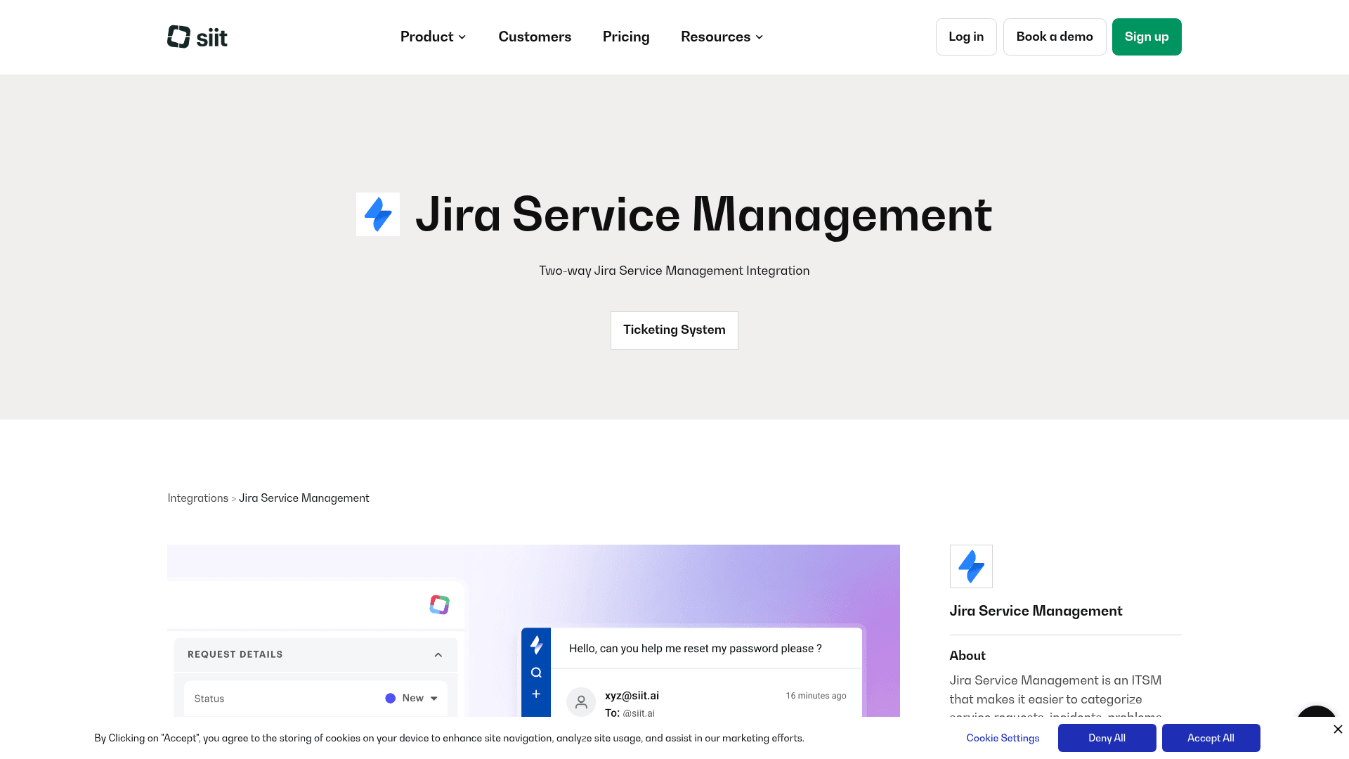 Siit's Jira Service Management integration page showing a request details panel next to a reset password message